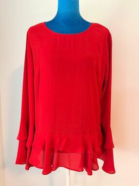 a.n.a Red Blouse Ruffle Hem Bell Sleeve Keyhole Back M